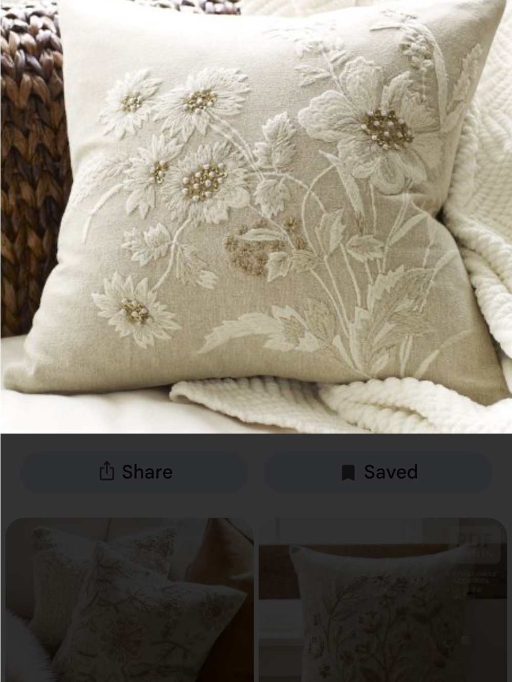 Pottery Barn Beige Embroidered Floral Throw Pillow